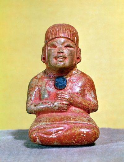 Figura seduta, possibilmente una delle prime rappresentazioni del dio del mais e della gioia, da La Venta, Tabasco, Periodo Pre-Classico (giada policroma) da Olmec